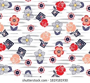 Roses and Daisies pattern on grunge brush background for textile pattern
