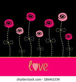 Roses  with dash line stalks. Vector love card. Black, pink and green. Vector illustration.