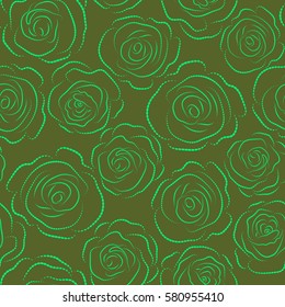 Roses dashed silhouette. Vector illustration. Trendy floral seamless pattern in green colors.