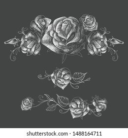  Elementos de diseño de rosas, guirnaldas y ramos sobre fondo oscuro
