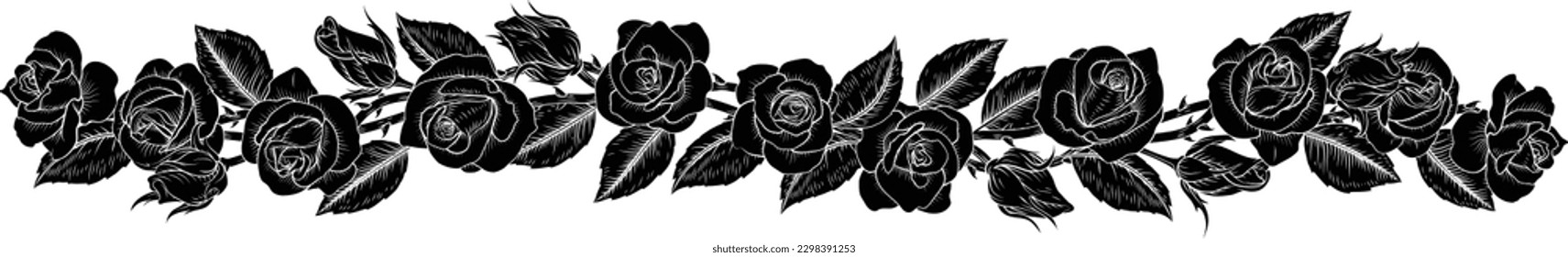 Roses design with rose flowers, buds and leaves in a vintage woodcut engraving illustration style.