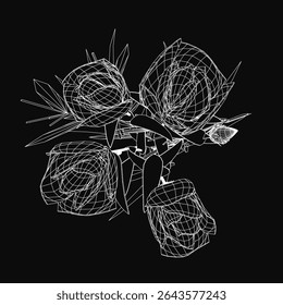 Roses in a detailed black and white drawing stand out against a dark background. The deep red petals and light green leaves are intricately crafted, creating a striking contrast with the white.