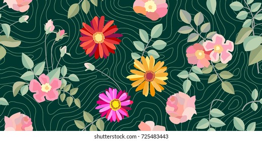 Roses, dog roses and gerbera. Seamless vector pattern with Victorian motifs. Floral composition for textile design, cards and web design. On green dotted background.