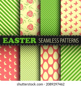 Roses, eggs, rabbits, butterflies and stripes. Vector seamless patterns collection in pastel red, green and yellow colors. Best for textile, wallpapers, wrapping paper, package and easter decoration.