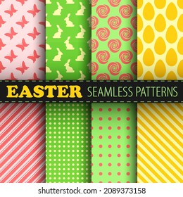 Roses, eggs, rabbits, butterflies, stripes and polka dot seamless patterns. Vector collection in red, yellow and green pastel colors. Best for textile, wrapping paper, package and easter decoration.