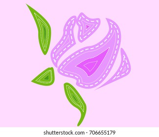 Roses, elements of design. Bud, flower, leaves drawn in sewing style, patches, seam
