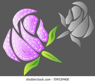 Roses, elements of design with the effect of volume. Bud, flower, leaves drawn in sewing style, patches, seam