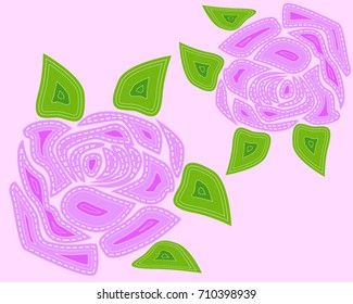Roses, elements of design, outline. Bud, flower, leaves drawn in sewing style, patches, seam