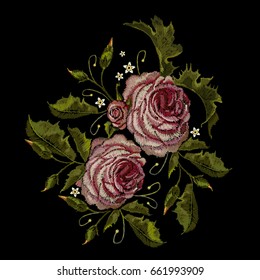 Roses embroidery. Classical embroidery buds of roses. Fashionable template for design of clothes, t-shirt design, blossoming bouquets of roses embroidery tapestry flowers renaissance style 