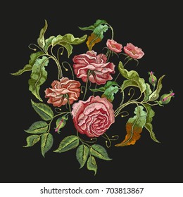 Roses embroidery. Classical embroidery vintage buds of roses on black background. Fashionable template for design of clothes, t-shirt design, tapestry flowers renaissance style vector 