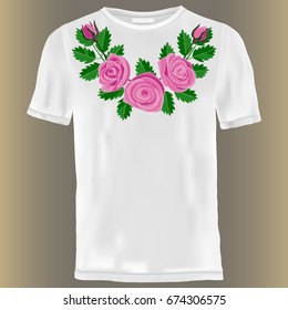 Roses embroidery corner composition. Needlework textile decor for t-shirt.