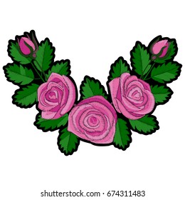 Roses embroidery corner patch. Sticker of needlework textile decor on white background