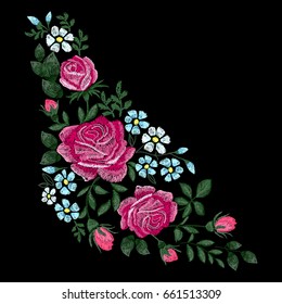 Roses embroidery with leaves, buds and blue flowers. Flower design element for fashion wearing. Satin stitch imitation, vector.