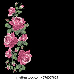 Roses embroidery with leaves and buds. Element for design. Floral border, background for invitations or greeting cards. Satin stitch imitation, vector. 