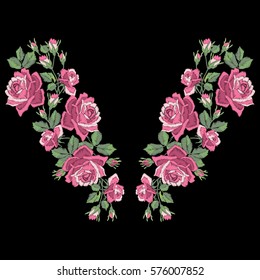 Roses embroidery with leaves and buds. Ethnic flowers neck line, flower design, graphics fashion wearing. Embroidery for t-shirt. Satin stitch imitation, vector. 