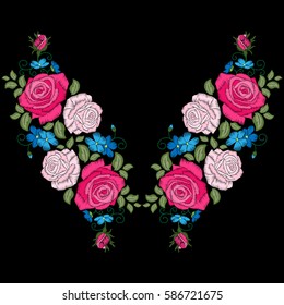 Roses embroidery with leaves and buds. Ethnic flowers neck line, flower design, graphics fashion wearing. Embroidery for t-shirt. Satin stitch imitation, vector. 