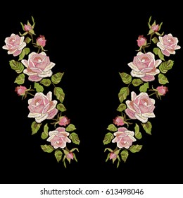 Roses embroidery with leaves and buds. Ethnic flowers neck line, flower design, graphics fashion wearing. Embroidery for t-shirt. Satin stitch imitation, vector.