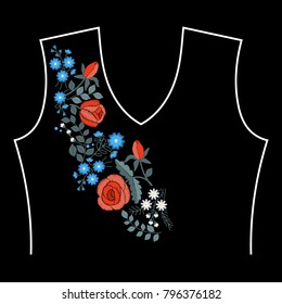 Roses embroidery with leaves, buds and spring flowers. Ethnic neck line, flower design, graphics fashion wearing. Embroidery for t-shirt. Satin stitch imitation, vector.