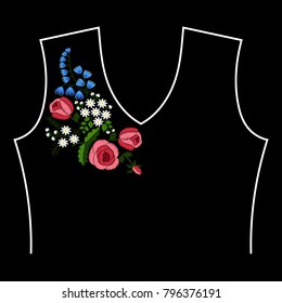 Roses embroidery with leaves, buds and spring flowers. Ethnic neck line, flower design, graphics fashion wearing. Embroidery for t-shirt. Satin stitch imitation, vector.