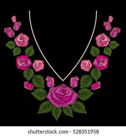 Roses embroidery for neck line on black background, vector illustration.