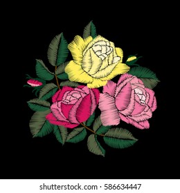 Roses embroidery on black background. Bouquet of flowers. Satin stitch imitation, vector illustration.