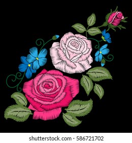 Roses embroidery on black background. Satin stitch imitation, vector.