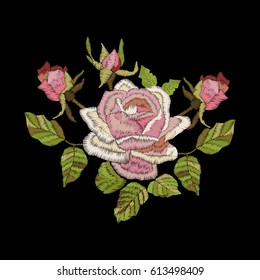 Roses embroidery on black background. Satin stitch imitation, vector.