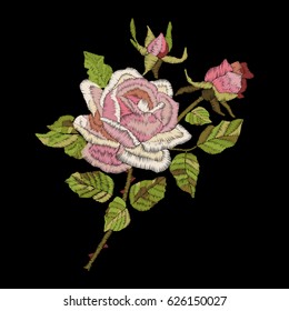 Roses embroidery on black background. Satin stitch imitation, vector.