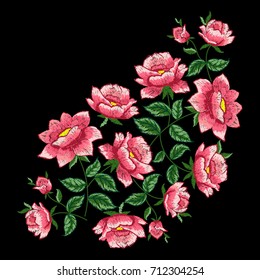 Roses embroidery on black background. Satin stitch imitation, vector.