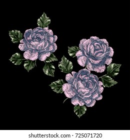 Roses embroidery on a black background. Classic style embroidery, beautiful roses flowers pattern vector.