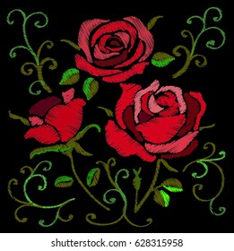 Roses embroidery on black background.Vector illustration.