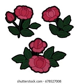 Roses embroidery patch set. Needlework textile decor with flower branch on white background