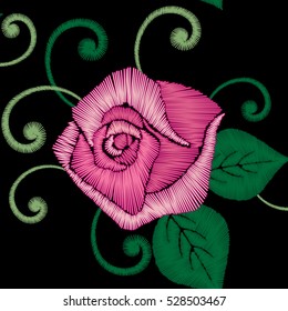 Roses embroidery, satin stitch, seamless pattern.