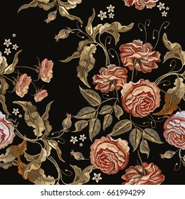 Roses embroidery seamless pattern. Classical embroidery vintage buds of roses on black background. Fashionable template for design of clothes, t-shirt design tapestry flowers renaissance style vector