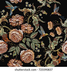 Roses embroidery seamless pattern. Classical embroidery vintage buds of roses and humming birds. Fashionable template for design of clothes, t-shirt design, tapestry flowers renaissance style 