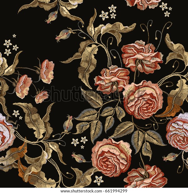Roses embroidery seamless pattern. Classical\
embroidery vintage buds of roses on black background. Fashionable\
template for design of clothes, t-shirt design tapestry flowers\
renaissance style vector