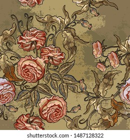 Roses embroidery seamless pattern. Fashionable medieval template of clothes, t-shirt design, tapestry flowers, renaissance style  