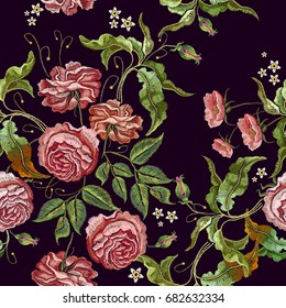 Roses embroidery seamless pattern. Fashionable template for design of clothes, t-shirt design, tapestry flowers renaissance style vector. Classical embroidery vintage buds of roses on black background