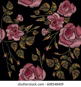 Roses embroidery seamless pattern on a black background. Classic style embroidery, beautiful roses flowers hand drawn pattern vector 