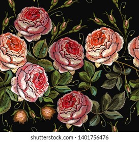 Roses embroidery seamless pattern. Template for design of clothes, t-shirt design, tapestry flowers renaissance style