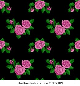 Roses embroidery seamless pattern. Wallpaper of needlework textile decor on black background.