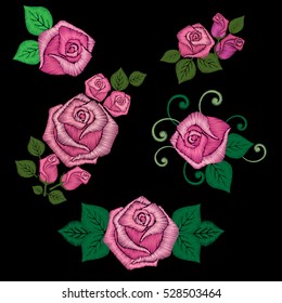 Roses embroidery set. Floral elements, pink flowers for decoration on black background. Satin stitch imitation, vector.