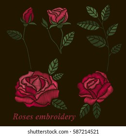 Roses embroidery set. Red flowers embroidery on black background. Vector illustration.