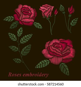 Roses embroidery set. Red flowers embroidery on black background. Vector illustration.