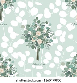 Roses and eucalyptus leaves seamless vector pattern.