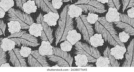 Roses and feathers in monochrome, sketch pattern on a noisy background.