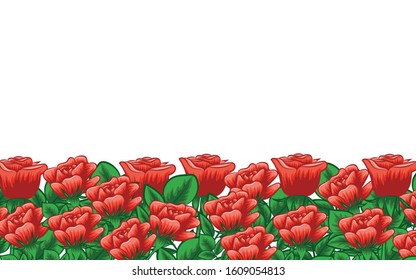 
Roses. Festive horizontal background. Valentine's Day. Color image of red roses. There is a place for text. Design element. Vector image.