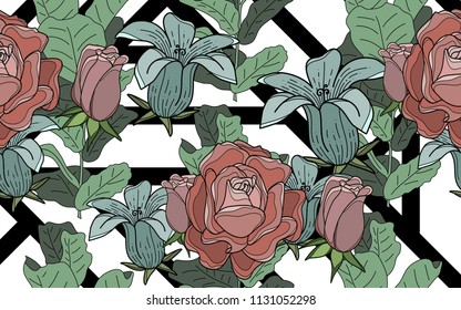 Roses and ficus. Palm leaves and exotic flowers composition. Vector illustration. Botanical seamless background. Digital nature art.