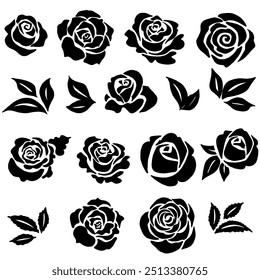 Roses flat black icon set. Rose Art Beautiful Black and White Rose Illustration, Flowers silhouette icons.