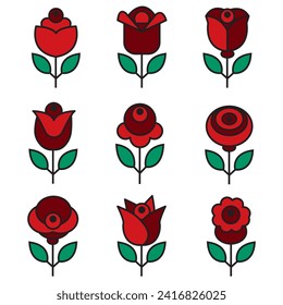 Roses flat line icons set. Vector illustration